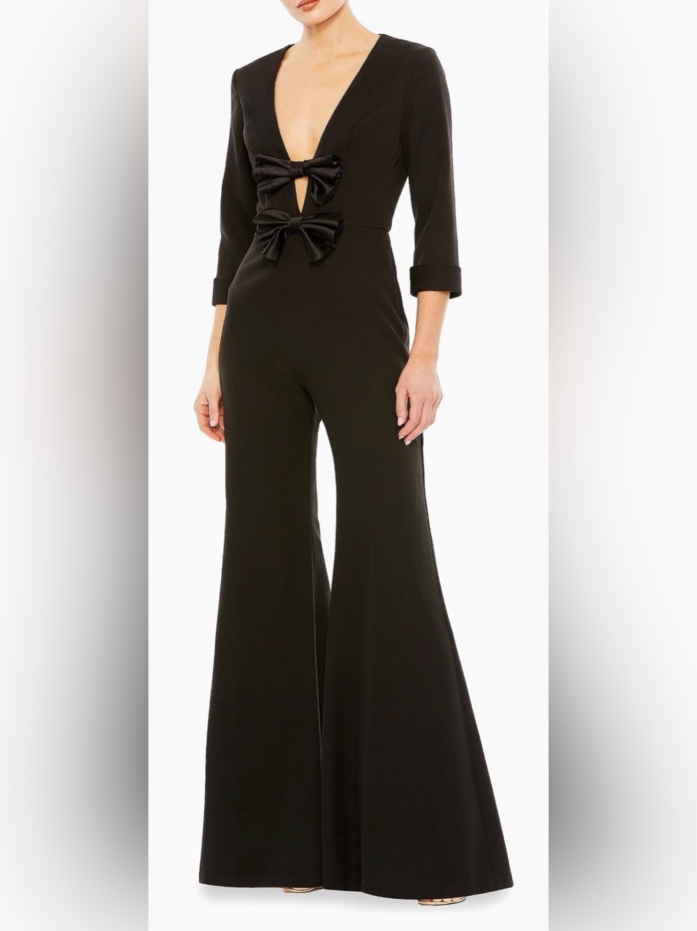 NEW Mac Duggal Satin Bow Wide-Leg Black Jumpsuit sz 6